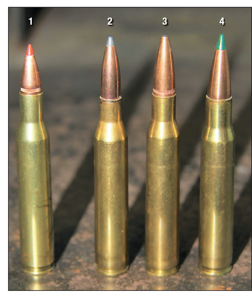 The .270 Winchester (1) is yet another variation of the .30-06 Springfield (4). In between are the .25-06 (2) and .280 Remington (3). The .270 Winchester and .280 Remington are ballistically similar.